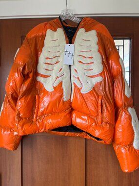 Skeleton Puffer Jacket Men’s Street Wear Y2K Bone Puffer Orange Jacket Medium WT